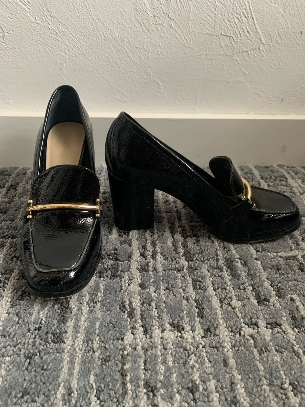 Enzo Angiolini Black Patent Block Heel Loafers with Gold Accent